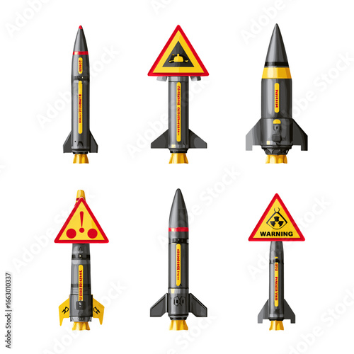 A set of six missile illustrations featuring warning signs.