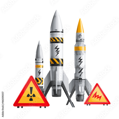 Three missiles with caution sign warning of danger.