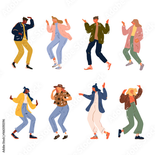 Eight diverse people dancing joyfully with bright clothing.