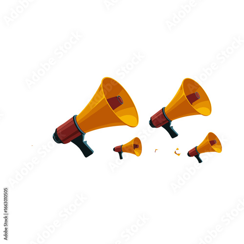 Several yellow megaphones, each with a distinctive shape, set against an uncluttered backdrop.