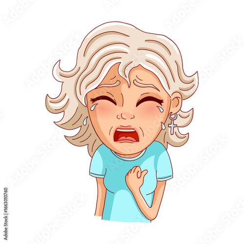 Female person is crying on white background. Vector illustration.