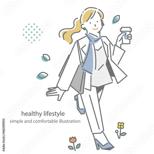 健やかな笑顔で出勤する女性　シンプルでお洒落な線画イラスト