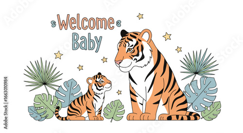 An adorable "Welcome Baby" illustration featuring a tender moment between a parent tiger and its cub surrounded by whimsical tropical leaves and stars.