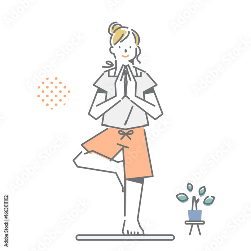 穏やかな気持ちでヨガのポーズをとる女性　シンプルでお洒落な線画イラスト