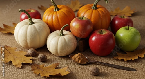 Still life featuring pumpkins apples walnuts cinnamon and autumn leaves on a burlap surface
