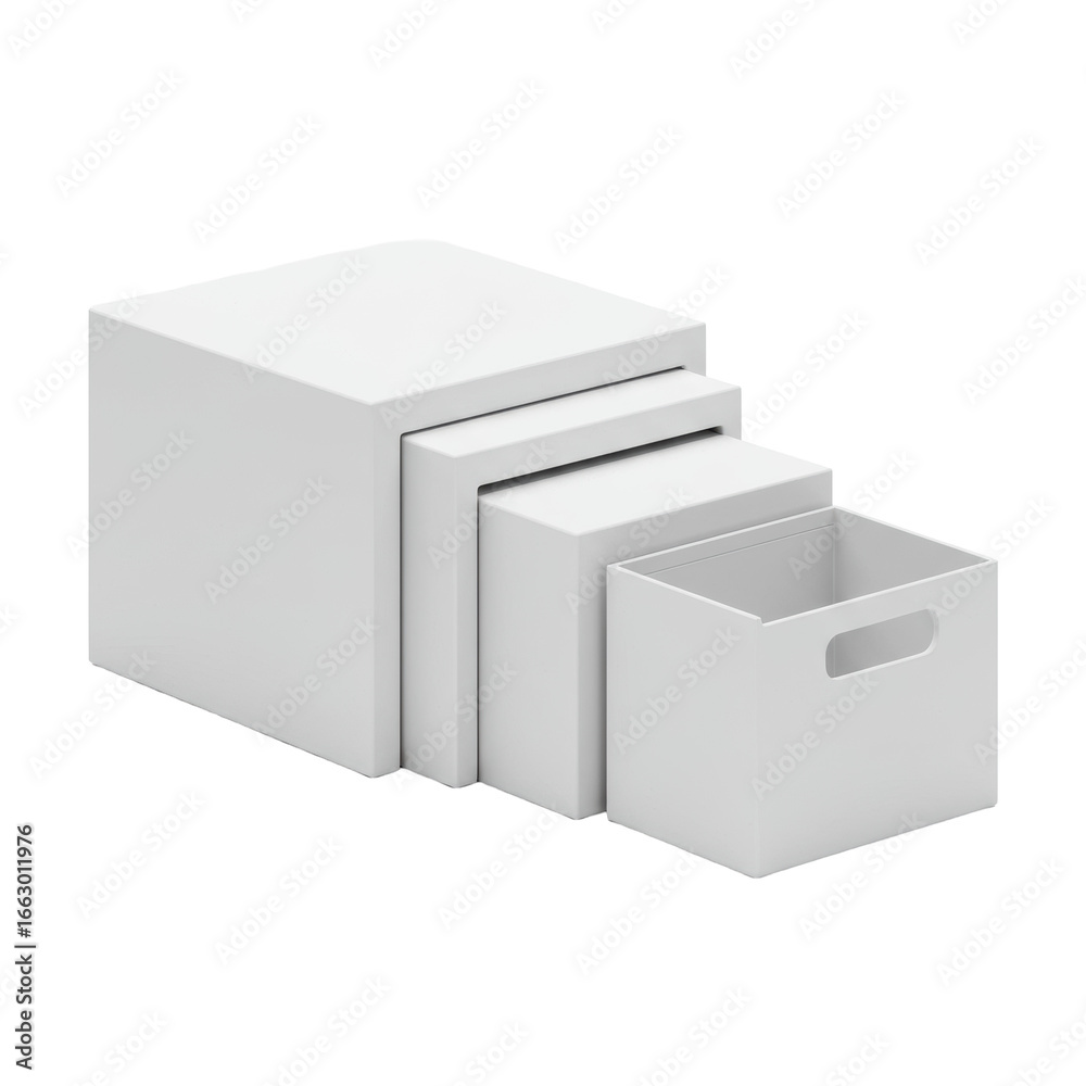 Fototapeta premium Three minimalist, matte white, geometric nesting storage boxes, partially nested on a transparent studio background with shadowless high-key lighting, concept of modern product design and utility
