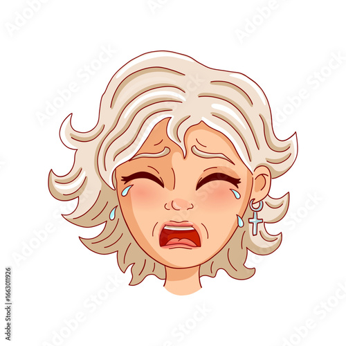 Crying female person's face on white background. Vector illustration.