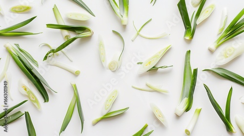 Leeks on a White Background – a fresh and clean visual. The leeks stand out vividly against the pure white background, highlighting their natural texture and color.