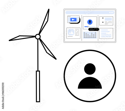 Wind turbine for renewable energy, user profile icon, data analytics interface. Ideal for renewable energy, sustainability, technology, environmental awareness, clean energy, user engagement digital