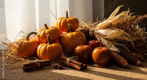 Still life of orange pumpkins caramel apples cinnamon sticks and corn against a beige backdrop