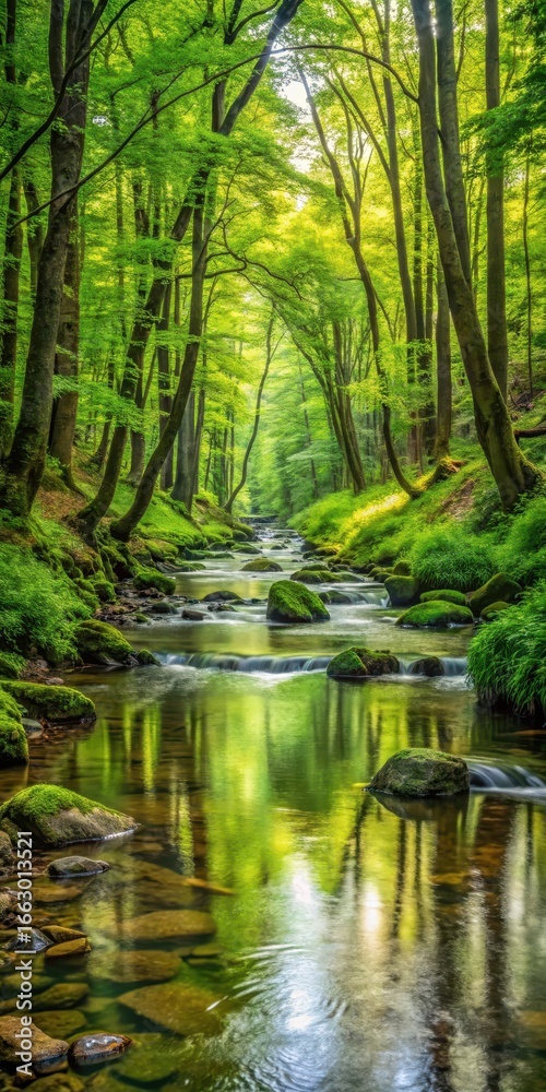 Obraz premium Serene creek winding through dense foliage in a tranquil forest