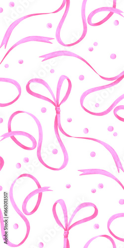 Pink ribbon bow with confetti seamless frame border, hand drawn watercolor illustration isolated on white background. Can be used for postcard, fabric scrapbook and other printed products.