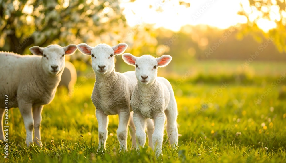 Obraz premium Three lambs in a spring pasture at sunset