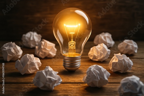 Glowing antique light bulb placed among rough stones on rustic wooden surface highlighting innovation, bright ideas and inspiration concept