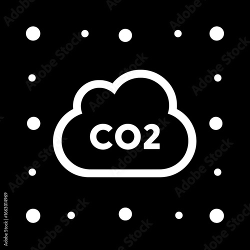 Simple Vector Logo of Carbon Monoxide with "CO2" in White Text Inside a Black Cloud Icon, Dots Around, Solid Background.
