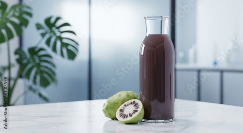 Bottle of noni juice with fresh noni fruit on a white marble table in a modern setting