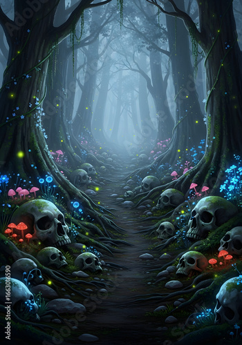 Ethereal Forest Path A Hauntingly Beautiful Journey Through a Mystical Woodland Filled with Skulls and Bioluminescent Flora