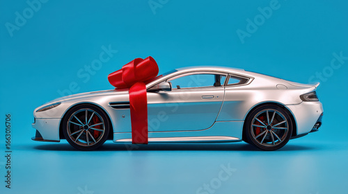Sleek silver sports car adorned with large red bow sits against vibrant blue background, symbolizing luxury and celebration. This stunning model captures essence of perfect gift