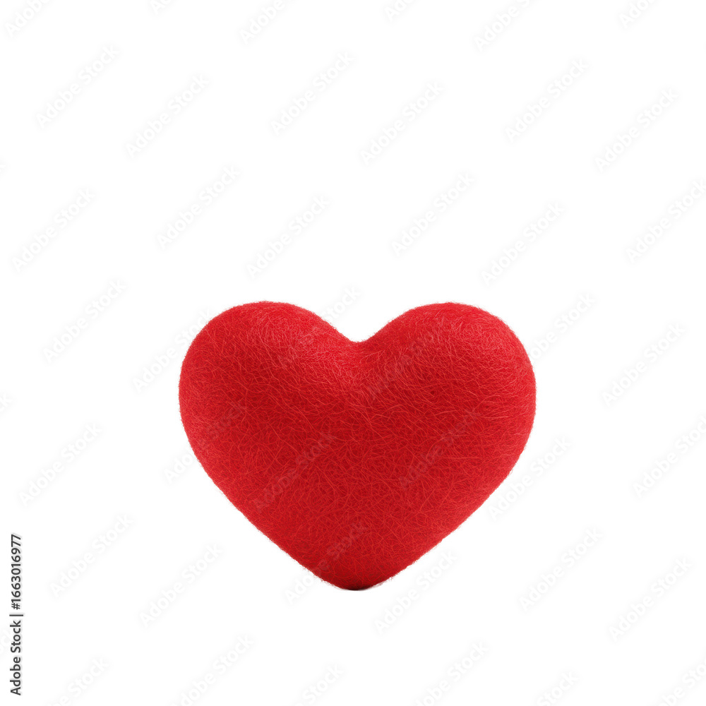 Fototapeta premium A perfectly symmetrical, soft red felt heart with delicate wool fibers and fuzzy texture, isolated on a seamless transparent background, shadowless studio lighting. Concept of pure love