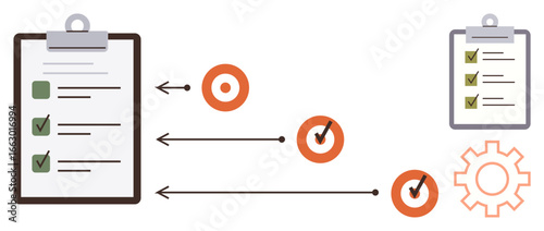 Checklist on clipboard, targets with arrows, tick marks, and gear. Ideal for productivity, planning, workflow, team organization, time management goal setting simple flat metaphor