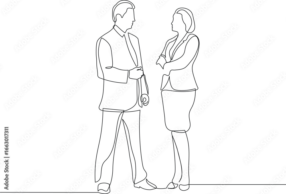 Two Business Professionals in Discussion. One Continuous Line Drawing of Collaboration and Project Strategy Two Business Professionals in Discussion. One Continuous Line Drawing of Collaboration and Project Strategy