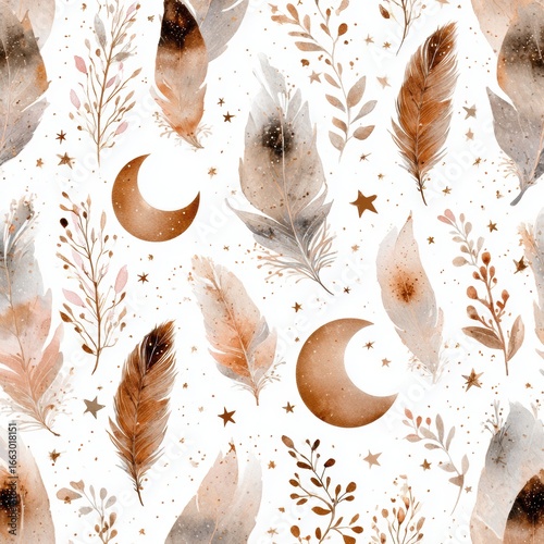 Watercolor Pattern with Feathers, Moon, and Stars in Brown Tones