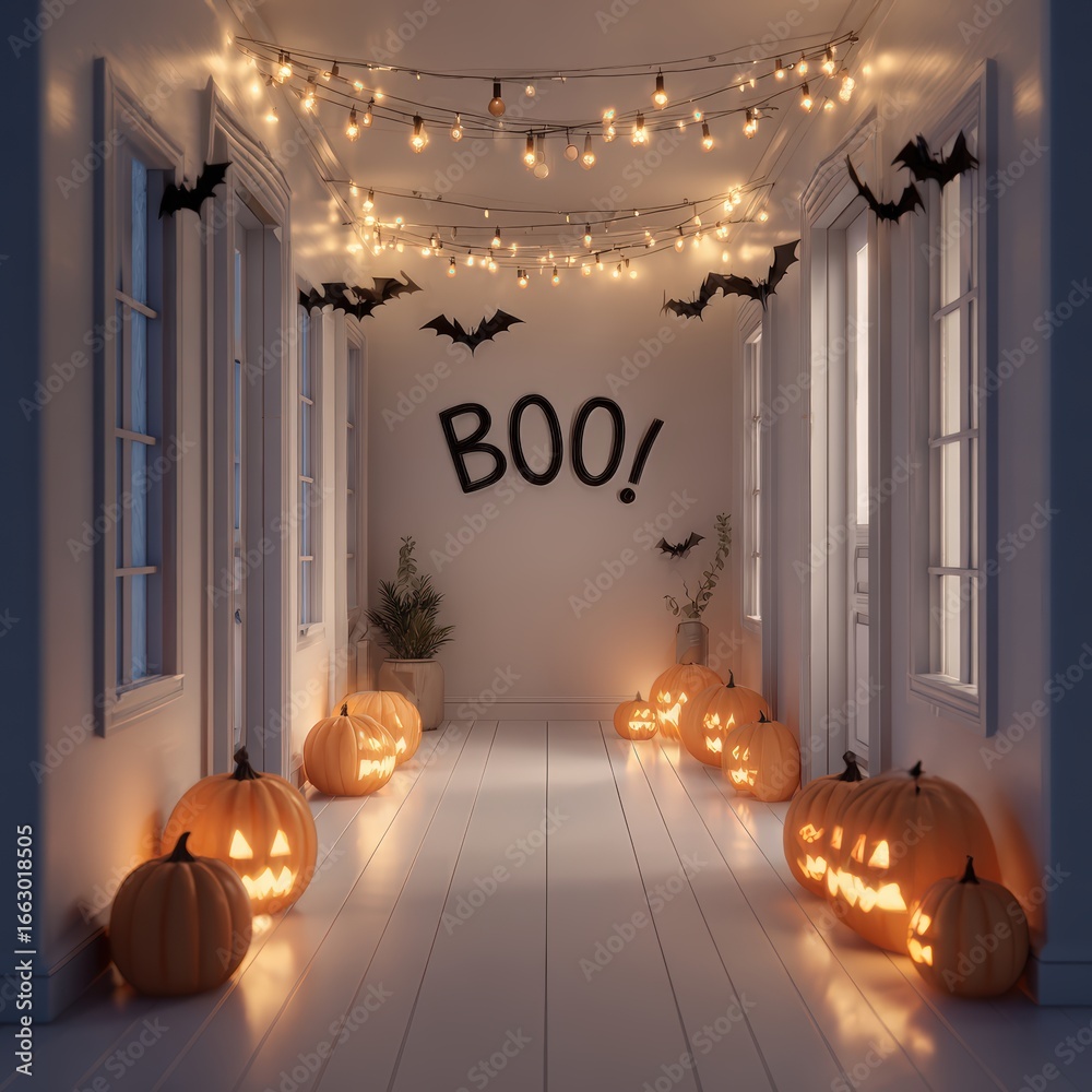 Obraz premium Festive Halloween Hallway with Jack-o'-Lanterns, String Lights, and Bats Creating a Spooky and Fun Atmosphere Indoors