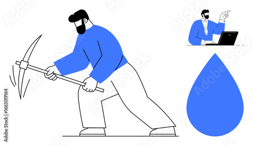 Man using pickaxe in labor, professional at laptop making a point, and large water drop. Ideal for work-life balance, manual work, productivity, effort, sustainability, teamwork simple flat metaphor