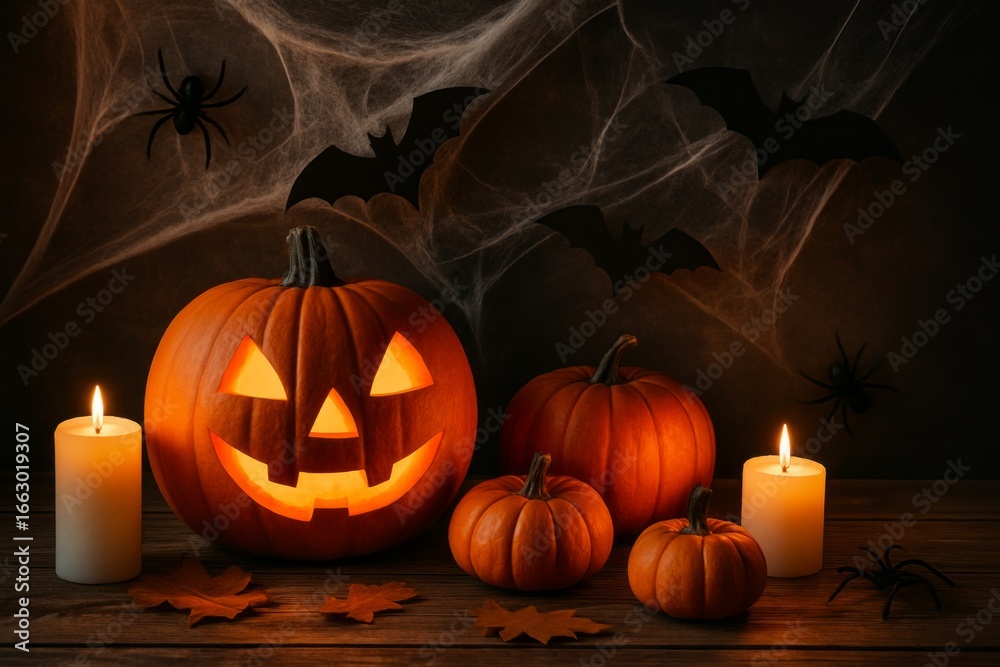 Obraz premium Halloween still life with two carved pumpkins, spider webs, small pumpkins and candle on dark background representing spooky autumn decor