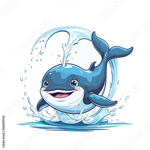 Cute cartoon dolphin jumping out of the ocean water illustration