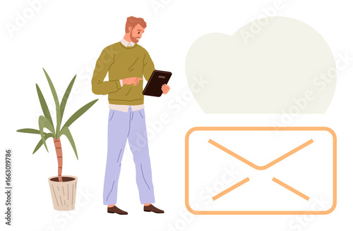 Man using tablet, standing next to a large email icon and cloud graphic. Plant placed nearby. Ideal for email marketing, cloud storage, modern communication, business workflow, organization, remote