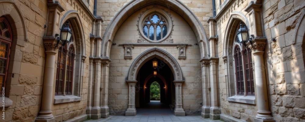 Obraz premium a monastery cloister entry arch with pointed gothic windows stone ribbing delicate carvings and hanging lanterns producing a tranquil and historic medieval european atmosphere