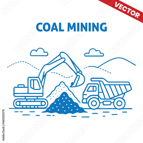 Coal Mining Excavator Loading Coal into Truck with Mountain Landscape – Outline Graphic Illustration