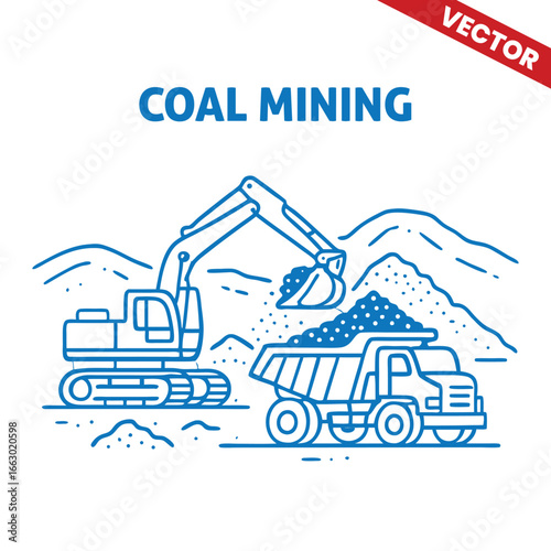 Coal Mining Outline Graphic Illustration: Excavator and Dump Truck at Work on Open Pit Mining Site with Coal Extraction