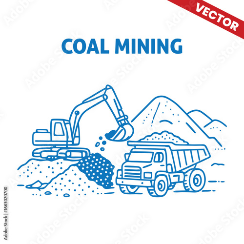 Outline Graphic Illustration of Coal Mining with Excavators, Trucks, and Mining Operations at Open-Pit Site