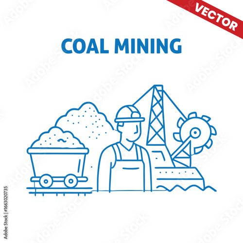 Coal Mining Graphic Illustration in Outline: Excavators and Dump Trucks Transporting Coal at Open-Pit Mining Site