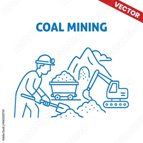 Outline Graphic Illustration of Coal Mining Excavators and Trucks Working at Mining Site to Extract Coal