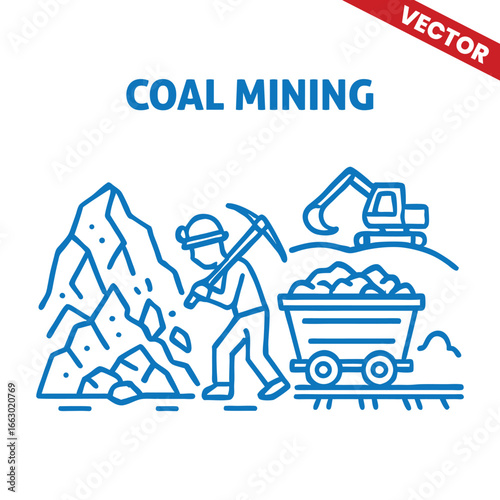 Graphic Outline Illustration of Coal Mining: Excavators, Trucks, and Mining Operations in Open-Pit Site