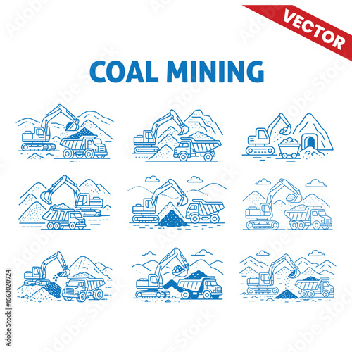 Coal Mining Outline Graphic Illustration: Heavy Equipment Digging, Transporting Coal with Excavators, Dump Trucks, and Conveyor Belt in Open Pit Mining.