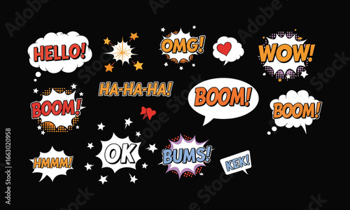 Explosive comic bubbles with hello omg wow boom and ha-ha-ha expressing dynamic action