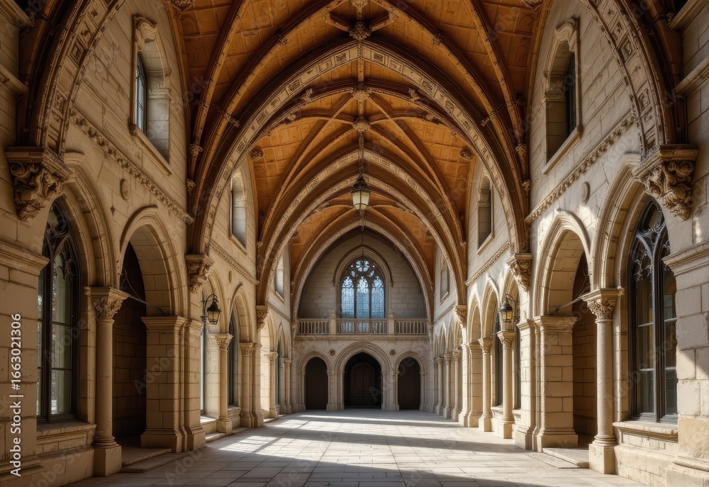 a monastery cloister arch with pointed gothic windows ribbed stone frames delicate carvings and hanging lanterns producing a serene and historic european medieval environment a monastery cloister arch with pointed gothic windows ribbed stone frames delicate carvings and hanging lanterns producing a serene and historic european medieval environment