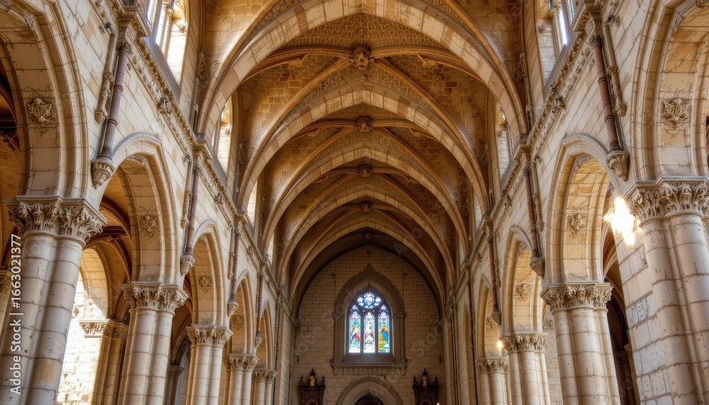 Fototapeta premium a romanesque side arch in a cathedral with semicircular stone vaults thick columns sculpted capitals and floral carvings producing authentic historic european medieval style
