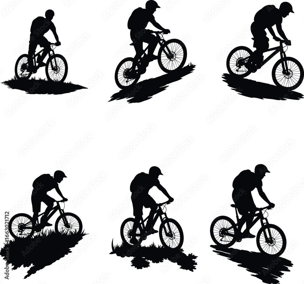 Obraz premium Mountain biker silhouette collection on different terrain, cycling action poses, outdoor adventure, extreme sport concept, black vector illustration set design