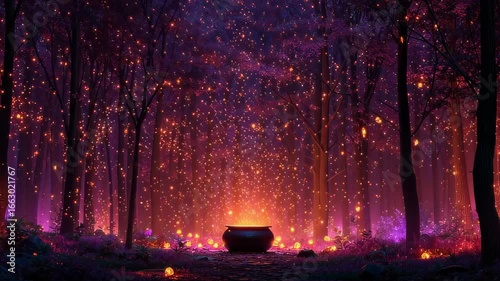 Enchanted Forest clearing with cauldron at center
