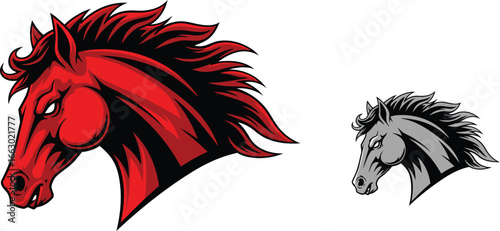 Fierce red horse mascot displays strength and power alongside a gray horse head design