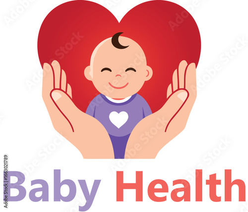 Tender hands lovingly cradle a baby beneath a heart symbolizing health and care for infants