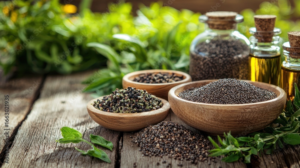 A wooden table with a bowl of chia seeds, a bowl of black sesame seeds, and a bowl of flax seeds, all placed on a wooden table A wooden table with a bowl of chia seeds, a bowl of black sesame seeds, and a bowl of flax seeds, all placed on a wooden table