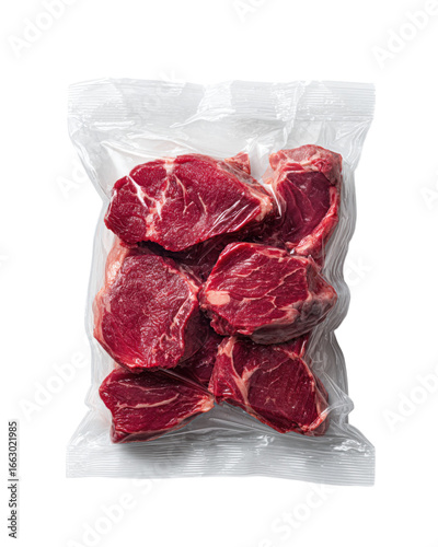 Photo of a vacuum-packed plastic bag containing three steaks, against a transparent background, taken from a top-down perspective.