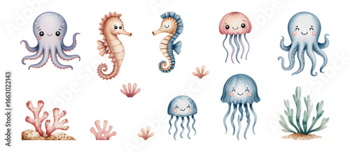 Watercolor illustration of cute octopus, seahorse, and jellyfish vector collection.