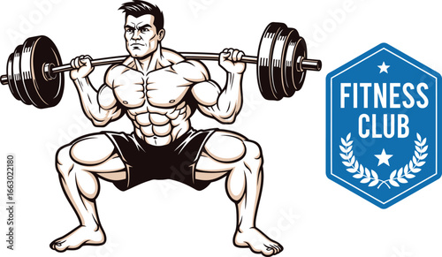 Powerful man fitness club logo design lifting heavy weight in an intense workout squat pose